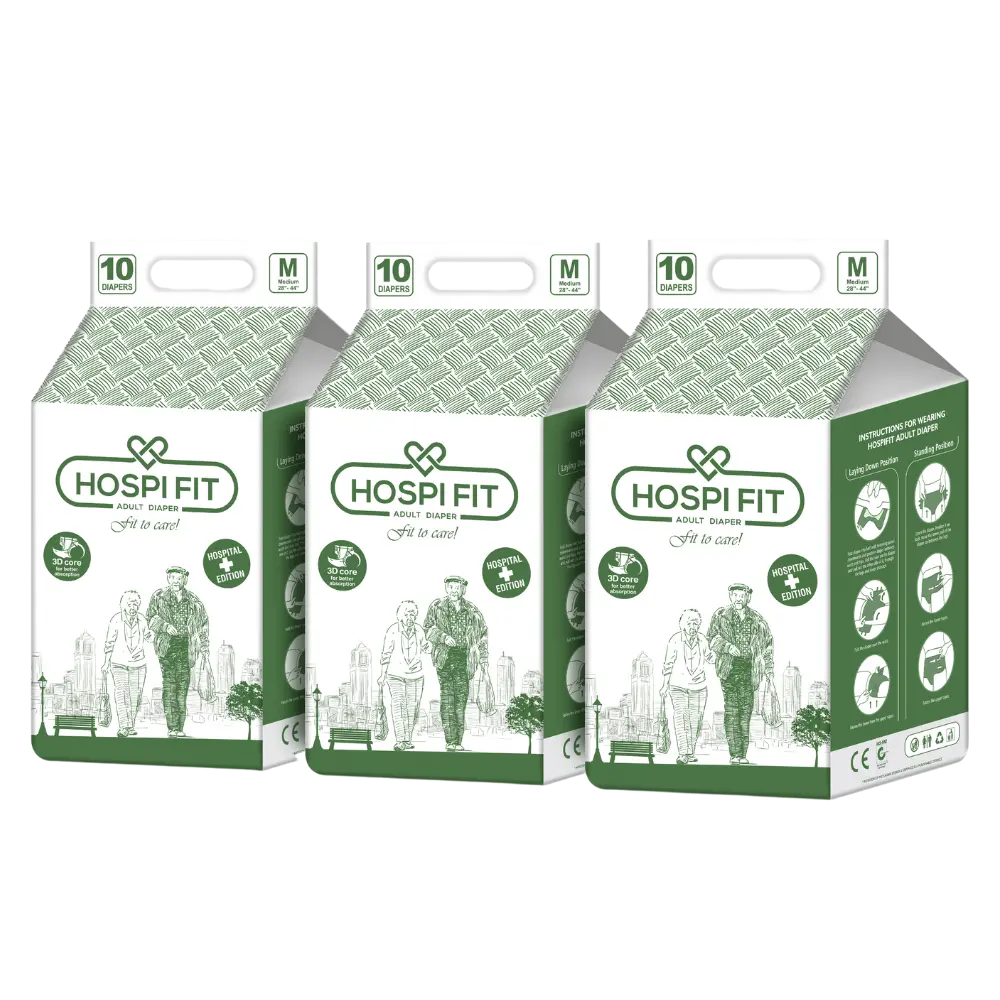Hospifit Adult Diaper - Unisex Medium size (28"-44") PACK OF 3 (30 Pcs )