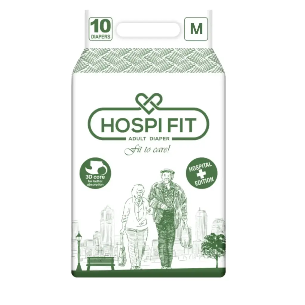 Hospifit Adult Diaper M Size (Medium) | Waist Size (28"-44") | PACK OF 1 (10 pcs)
