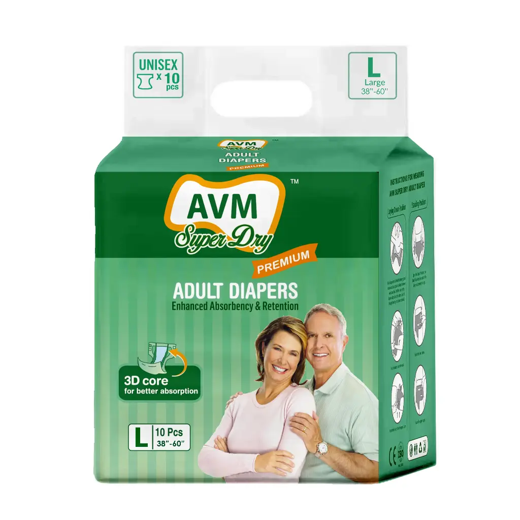 AVM Super Dry Premium Adult Diaper L size (Large) | Tape Style | Waist (38"-60") 10 Pcs