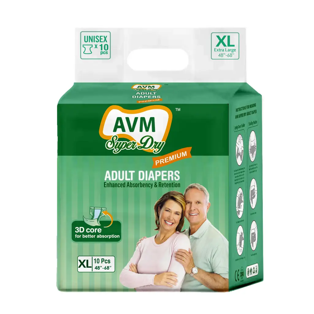 AVM Super Dry Premium Adult Diaper XL size | Tape Style | Waist (48"-68") 10 Pcs (Pack of 1)