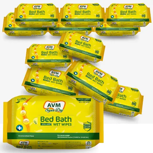 AVM Super Dry Bed Bath Wet Wipes Extra Large (32 * 32 cm) | Pack of 12